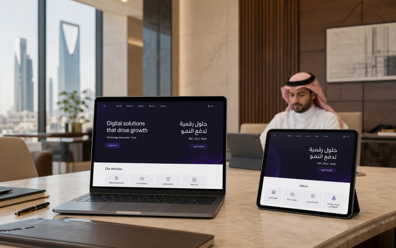 موقع شركة سعودي احترافي ومتجاوب معروض على الحاسب والجهاز اللوحي