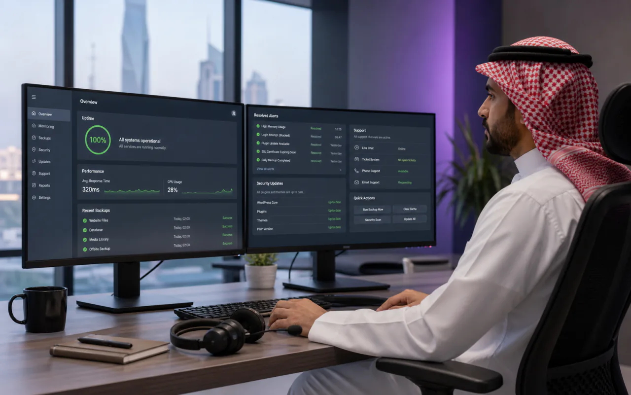 مهندس تشغيل سعودي يراقب توافر الموقع والنسخ الاحتياطية والتحديثات الأمنية