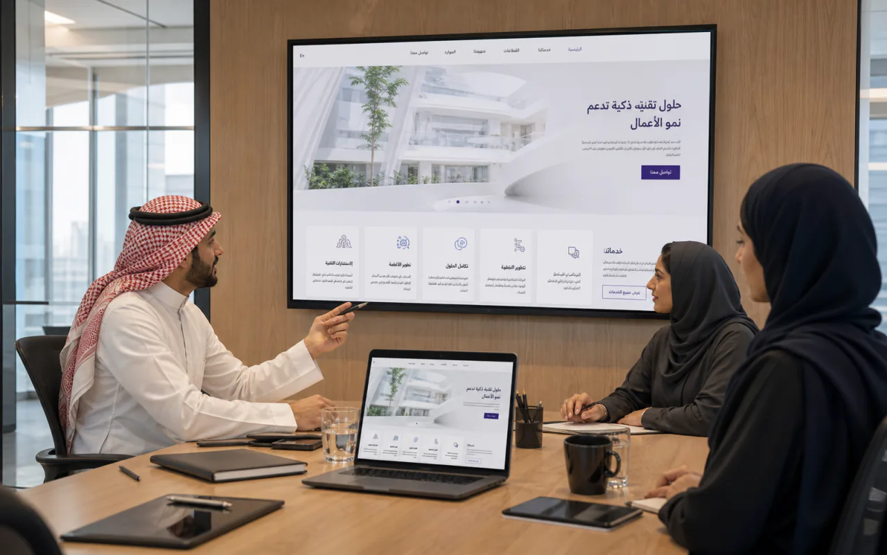 فريق أعمال سعودي يراجع نموذجاً احترافياً لموقع منشأة خدمية ثنائي اللغة